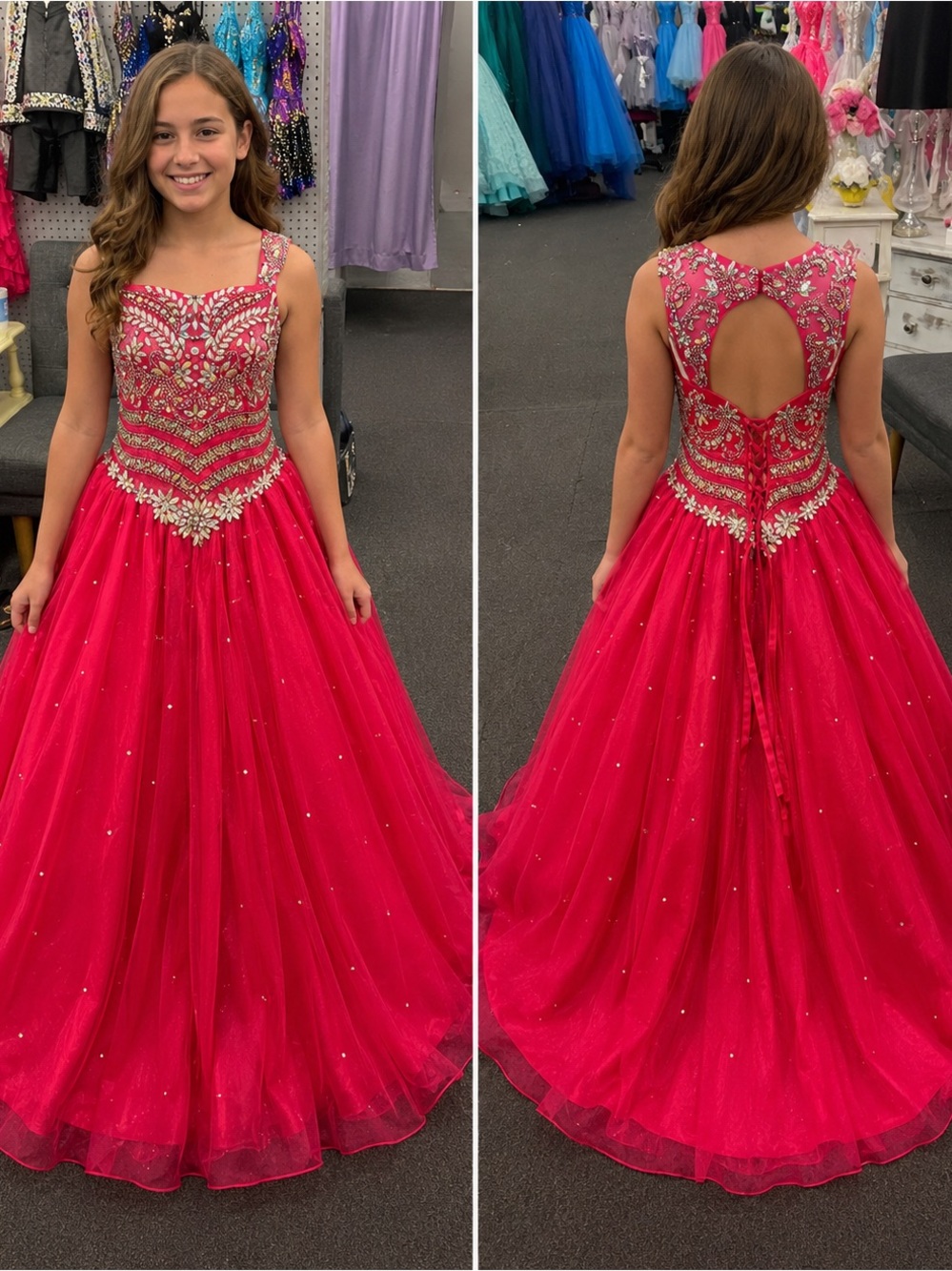 Beaded Fuchsia Tulle Ball Gown Dress for Girls